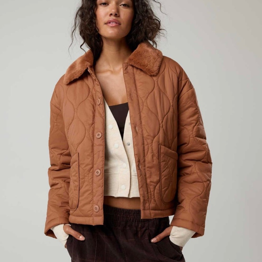 aerie Quilted Faux-Fur Collar Puffer Jacket - Rust Brown
